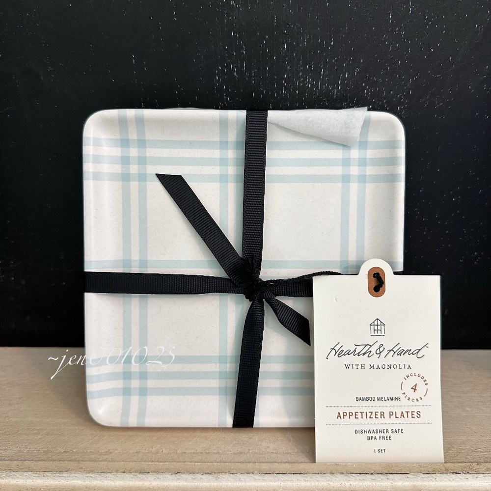 Hearth & Hand Magnolia Tri-Stripe Plaid Square Melamine Appetizer Plates 4ct - Picture 6 of 8